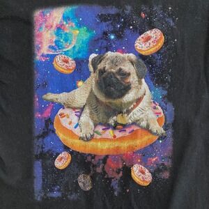 Space PUG Dog Men Small DONUT T-Shirt Outerspace Black Tee Funny Humor Dog Lover